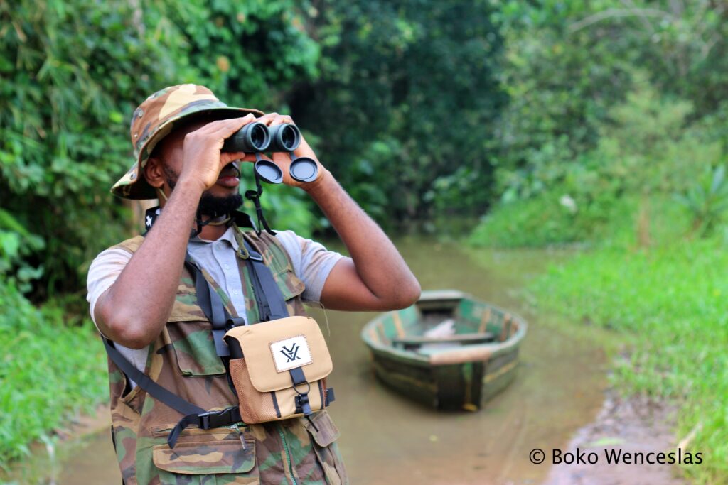 Relevé systématique des primates par pirogue le long d'un transect de 1,5 km.