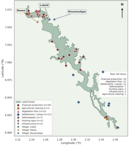 Distribution spatiale des pressions anthropiques dans le forêt de Lokoli